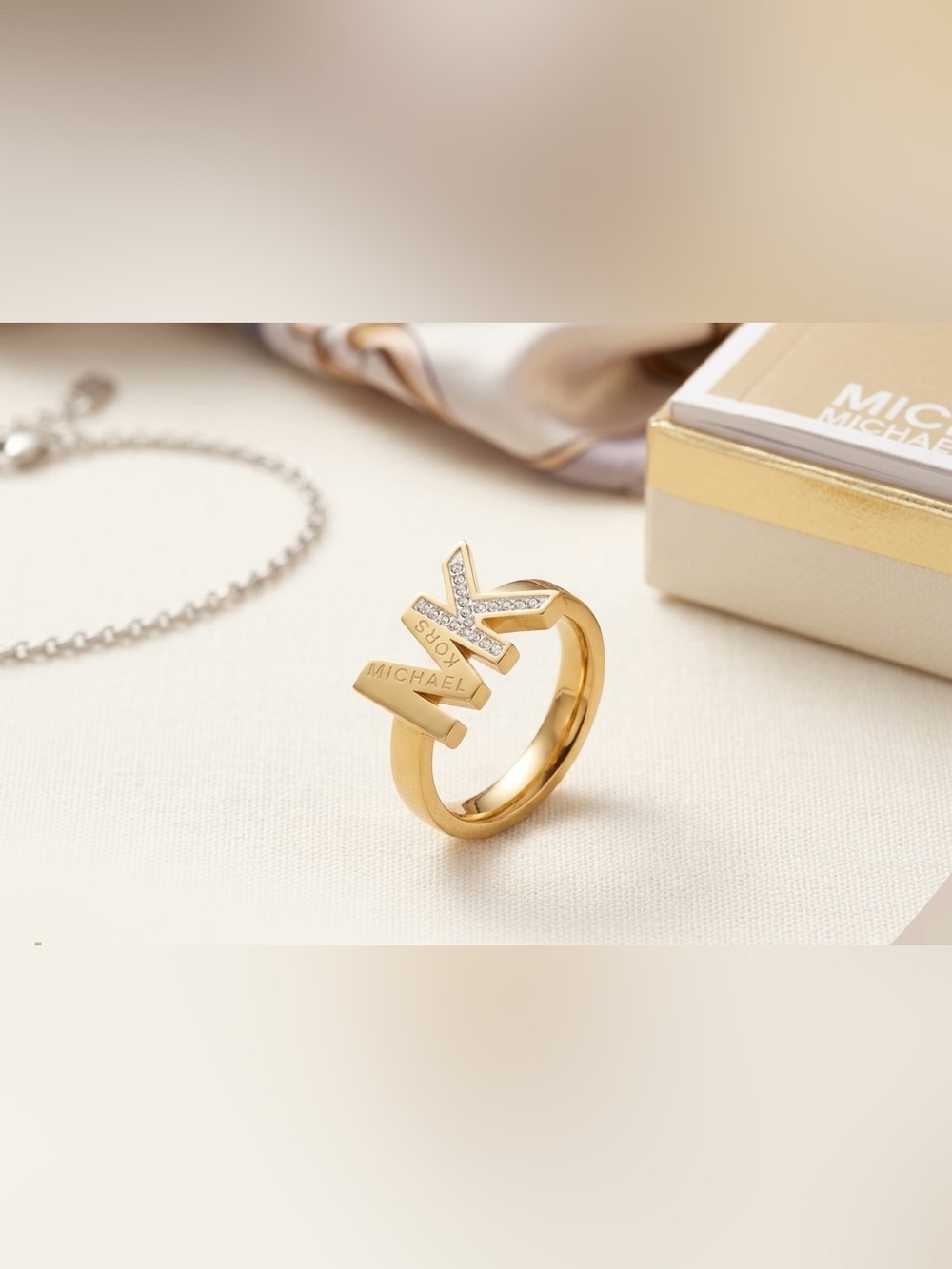 Michael Kors MK Logo Gold Ring with Crystal Accents